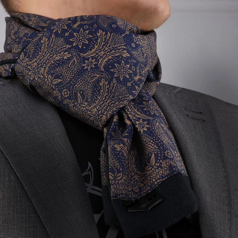 Blue Gold Paisley Mens Silk Scarf - Designer neck scarf for winters