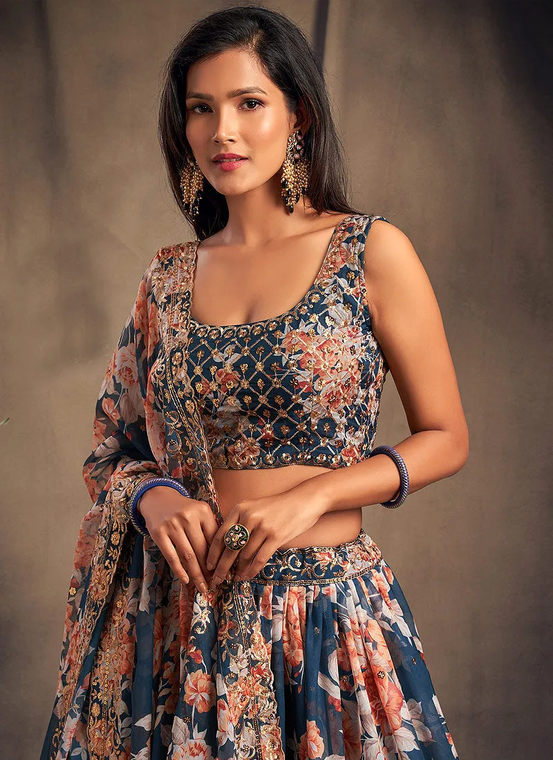 Blue Golden Floral Printed Lehenga Choli