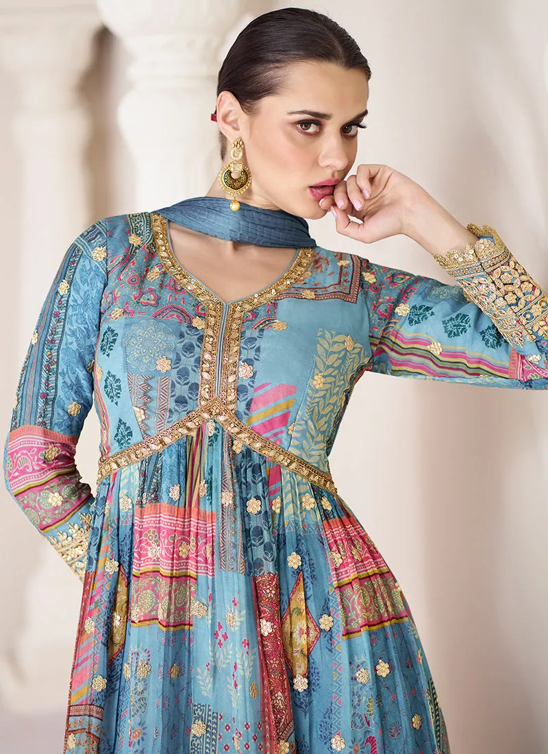 Blue Multi Colour Printed Anarkali Style Gown