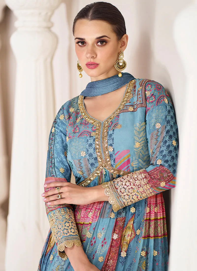 Blue Multi Colour Printed Anarkali Style Gown