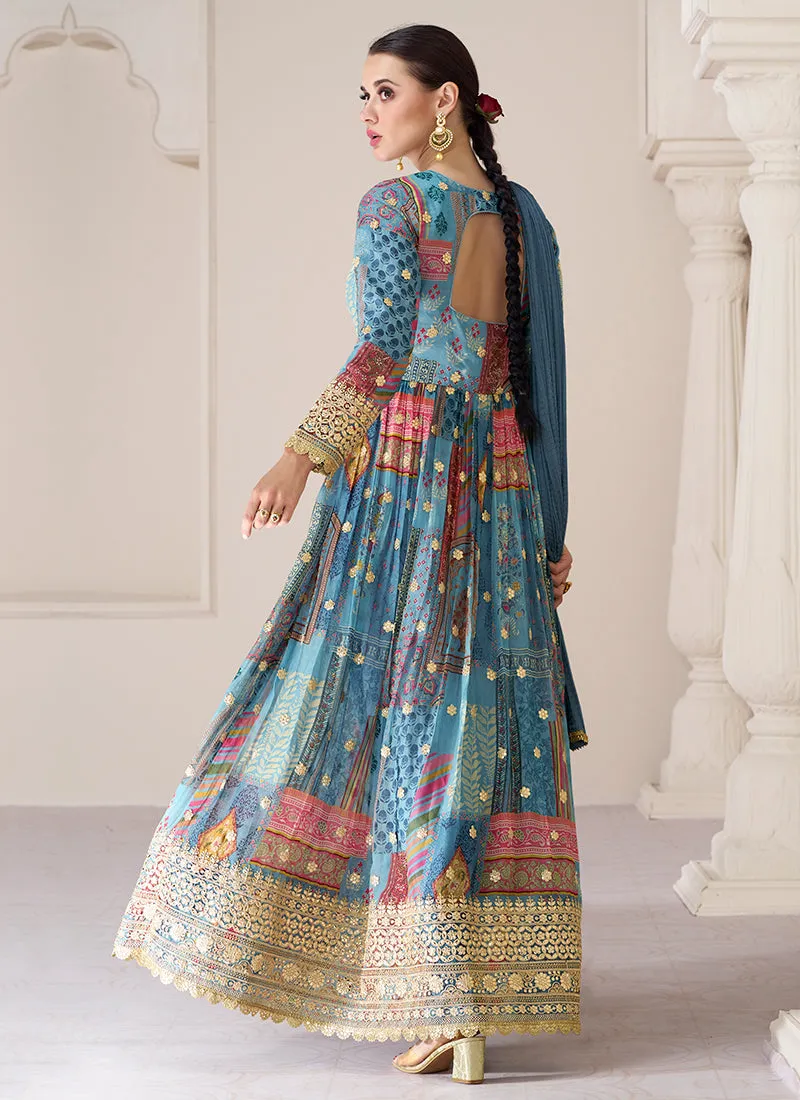 Blue Multi Colour Printed Anarkali Style Gown