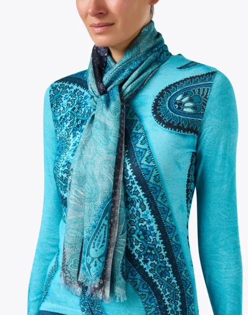 Blue Paisley Print Cashmere Silk Scarf