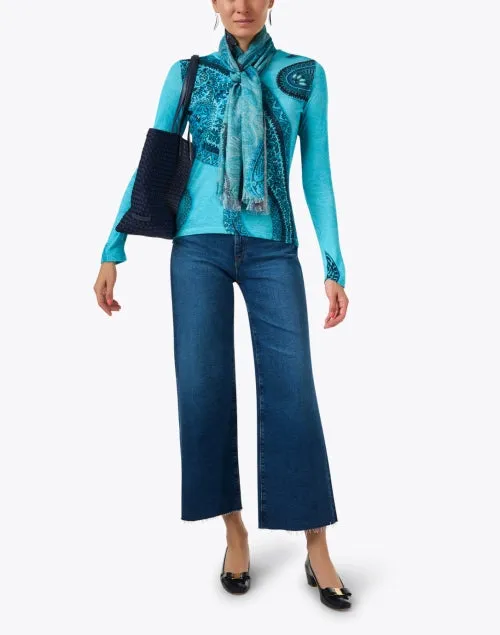 Blue Paisley Print Cashmere Silk Scarf