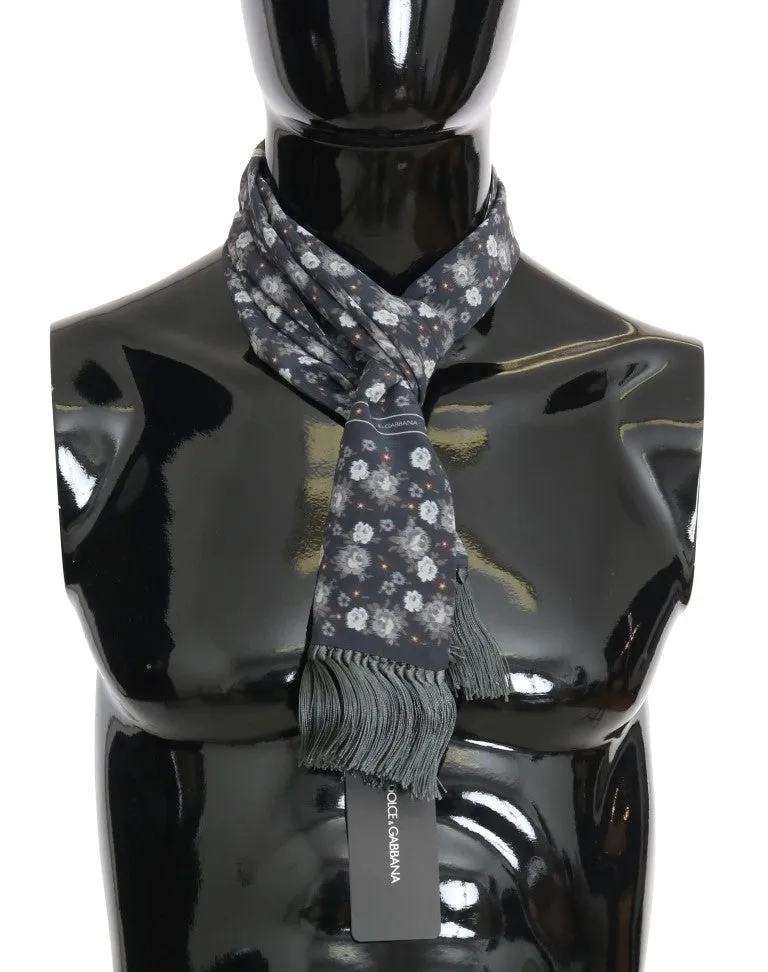 Blue Silk Floral Print Scarf