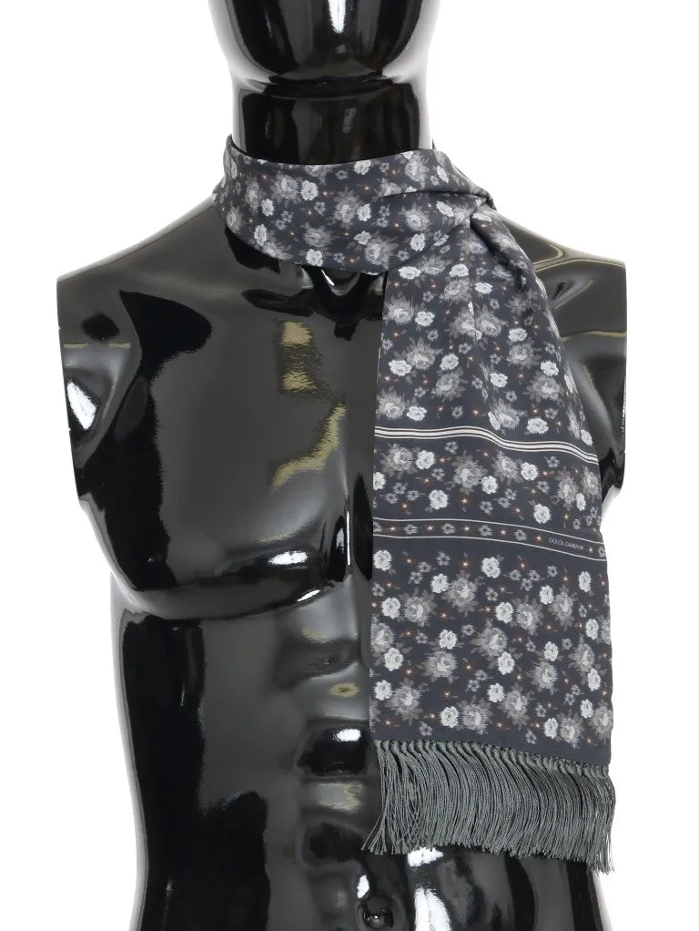 Blue Silk Floral Print Scarf