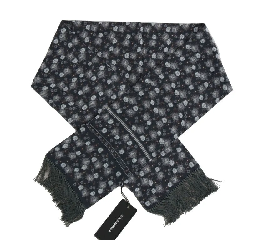 Blue Silk Floral Print Scarf