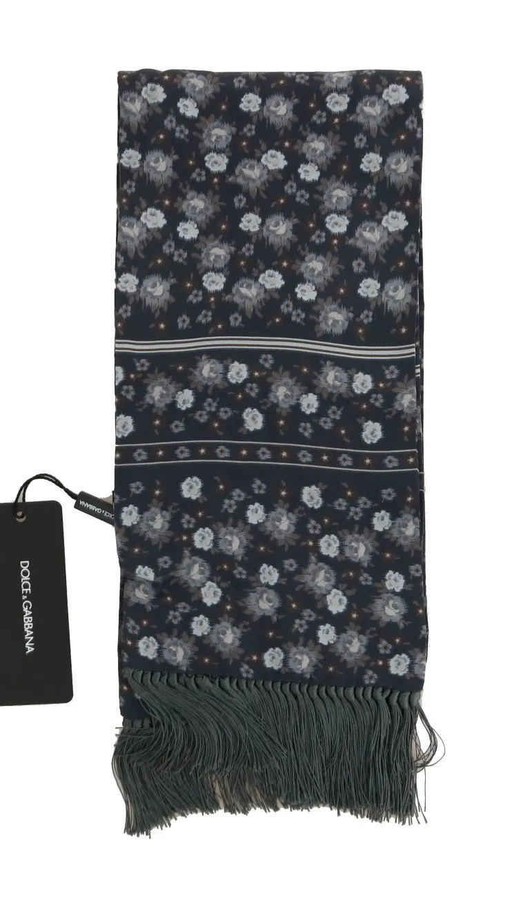 Blue Silk Floral Print Scarf