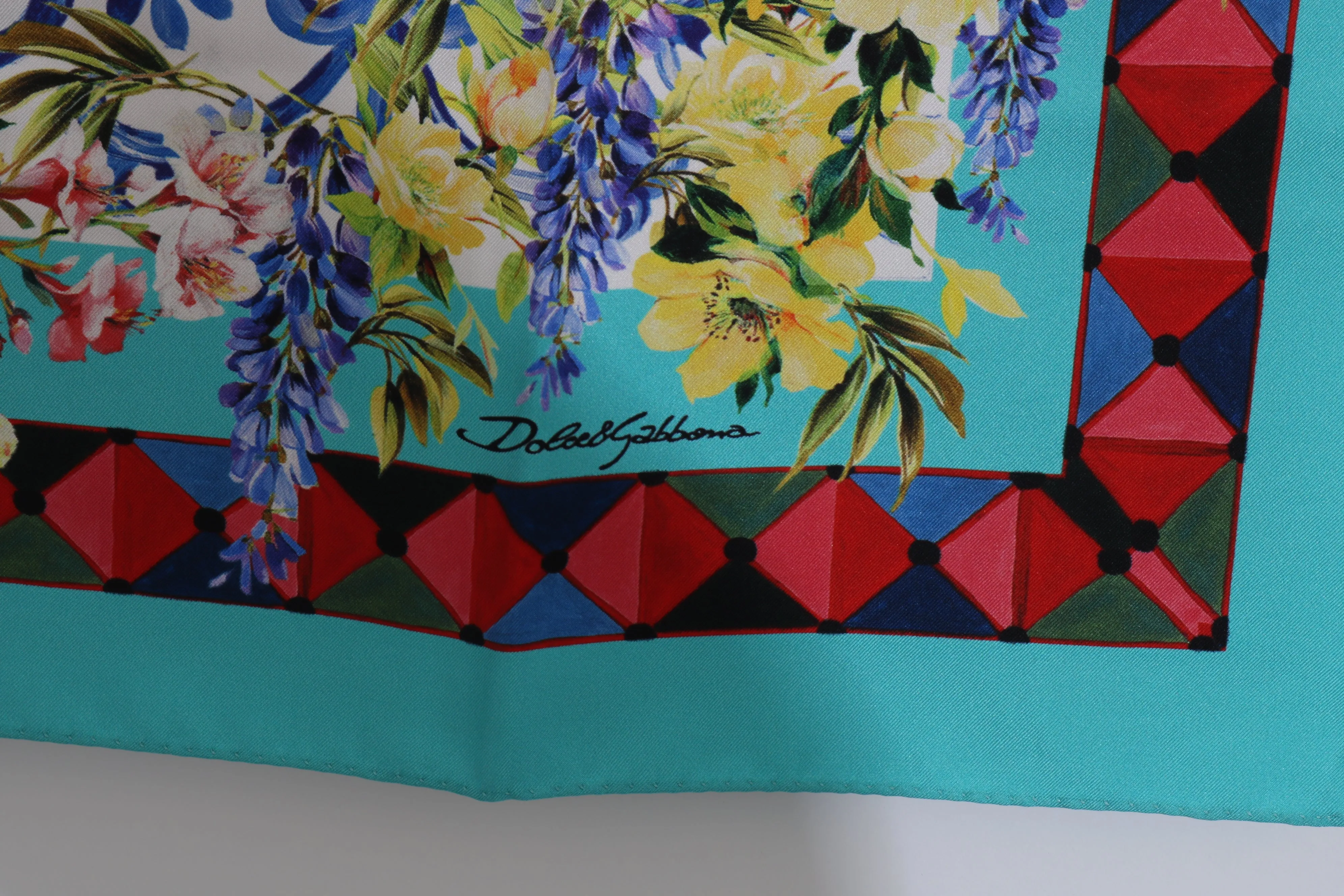 Blue Silk Square Majolica Floral Scarf