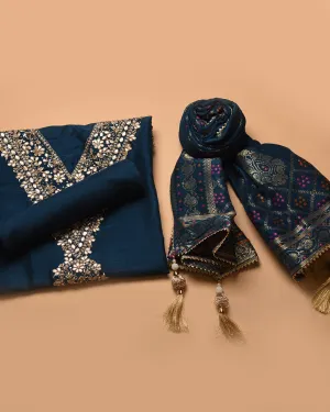 Blue Silk Viscose Blend Hand Embellished Unstitched Suit Fabric Set With Silk Viscose Blend Banarasi Woven Dupatta