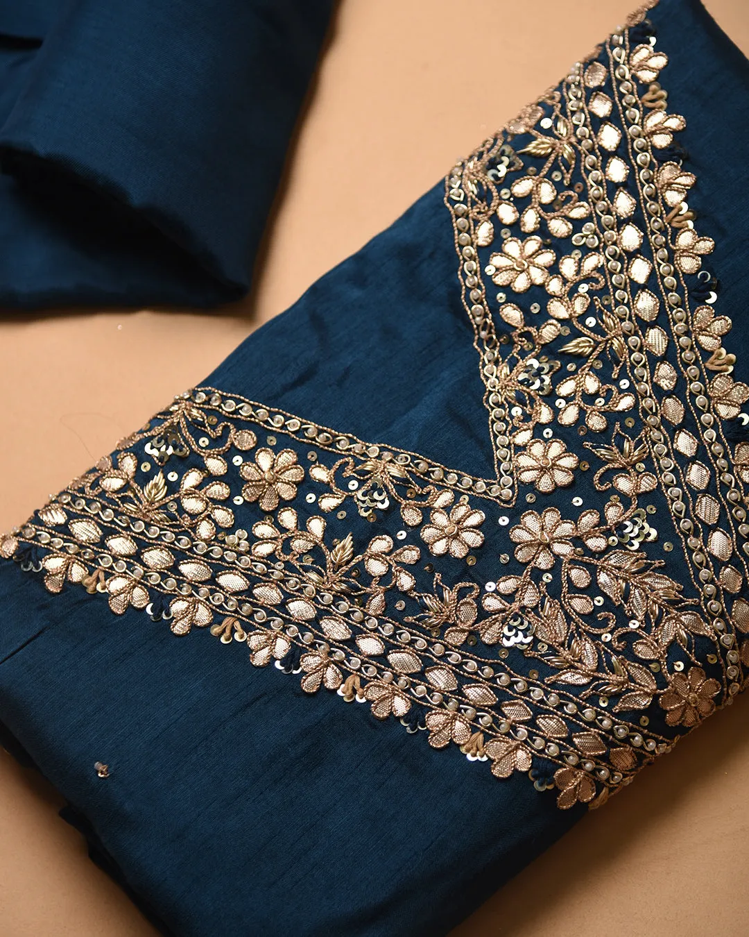 Blue Silk Viscose Blend Hand Embellished Unstitched Suit Fabric Set With Silk Viscose Blend Banarasi Woven Dupatta