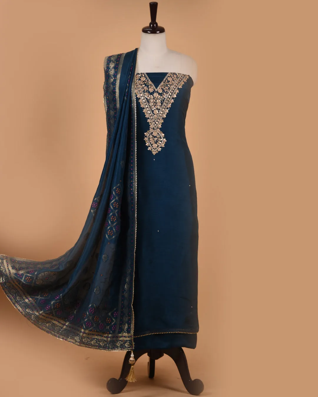 Blue Silk Viscose Blend Hand Embellished Unstitched Suit Fabric Set With Silk Viscose Blend Banarasi Woven Dupatta