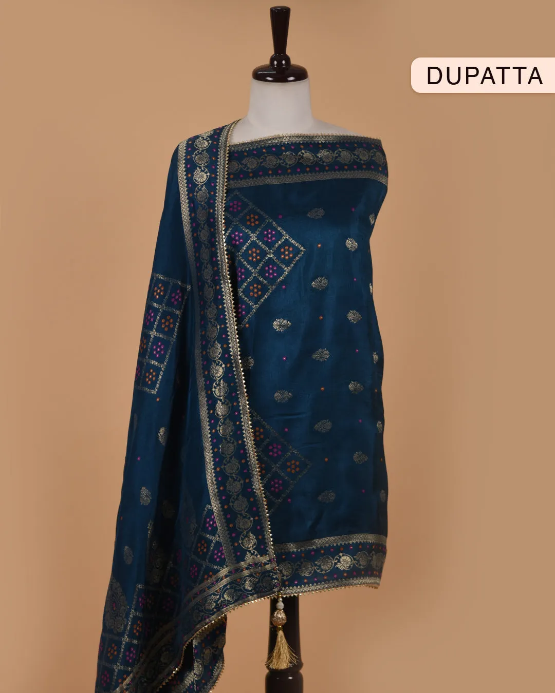 Blue Silk Viscose Blend Hand Embellished Unstitched Suit Fabric Set With Silk Viscose Blend Banarasi Woven Dupatta