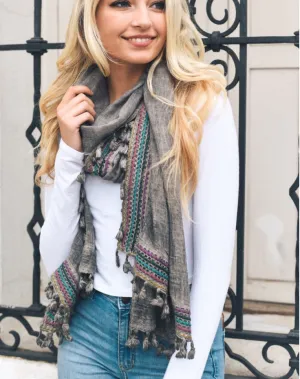 Boho Multi-Color Tassel Trim Grey Scarf