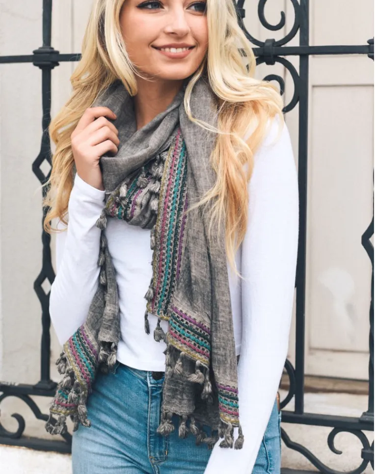Boho Multi-Color Tassel Trim Grey Scarf