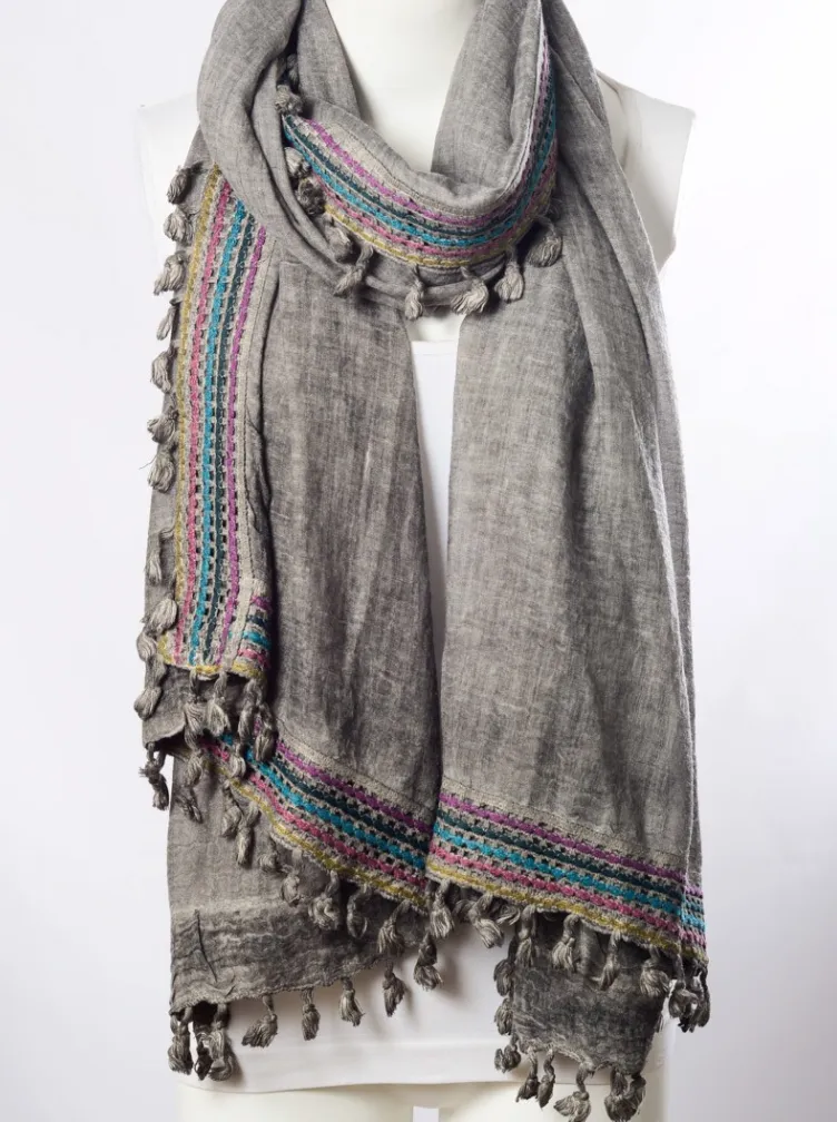 Boho Multi-Color Tassel Trim Grey Scarf
