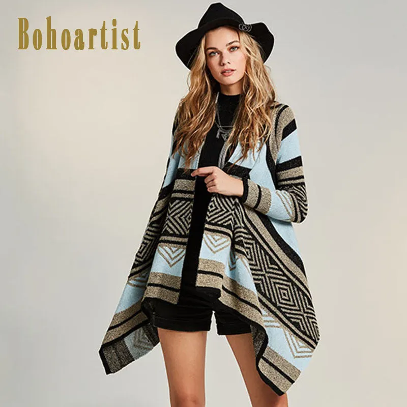 Bohoartist Women Knitwear Cape Gray Blue Stripe Patchwork Cardigan Bohemia Fashion Clothing New Ladies Elegant Loose Boho Capes