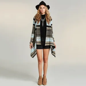Bohoartist Women Knitwear Cape Gray Blue Stripe Patchwork Cardigan Bohemia Fashion Clothing New Ladies Elegant Loose Boho Capes