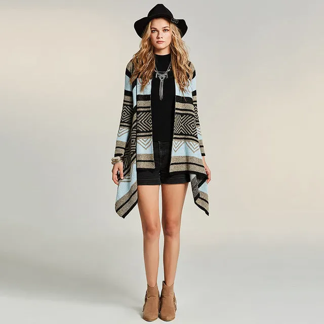 Bohoartist Women Knitwear Cape Gray Blue Stripe Patchwork Cardigan Bohemia Fashion Clothing New Ladies Elegant Loose Boho Capes