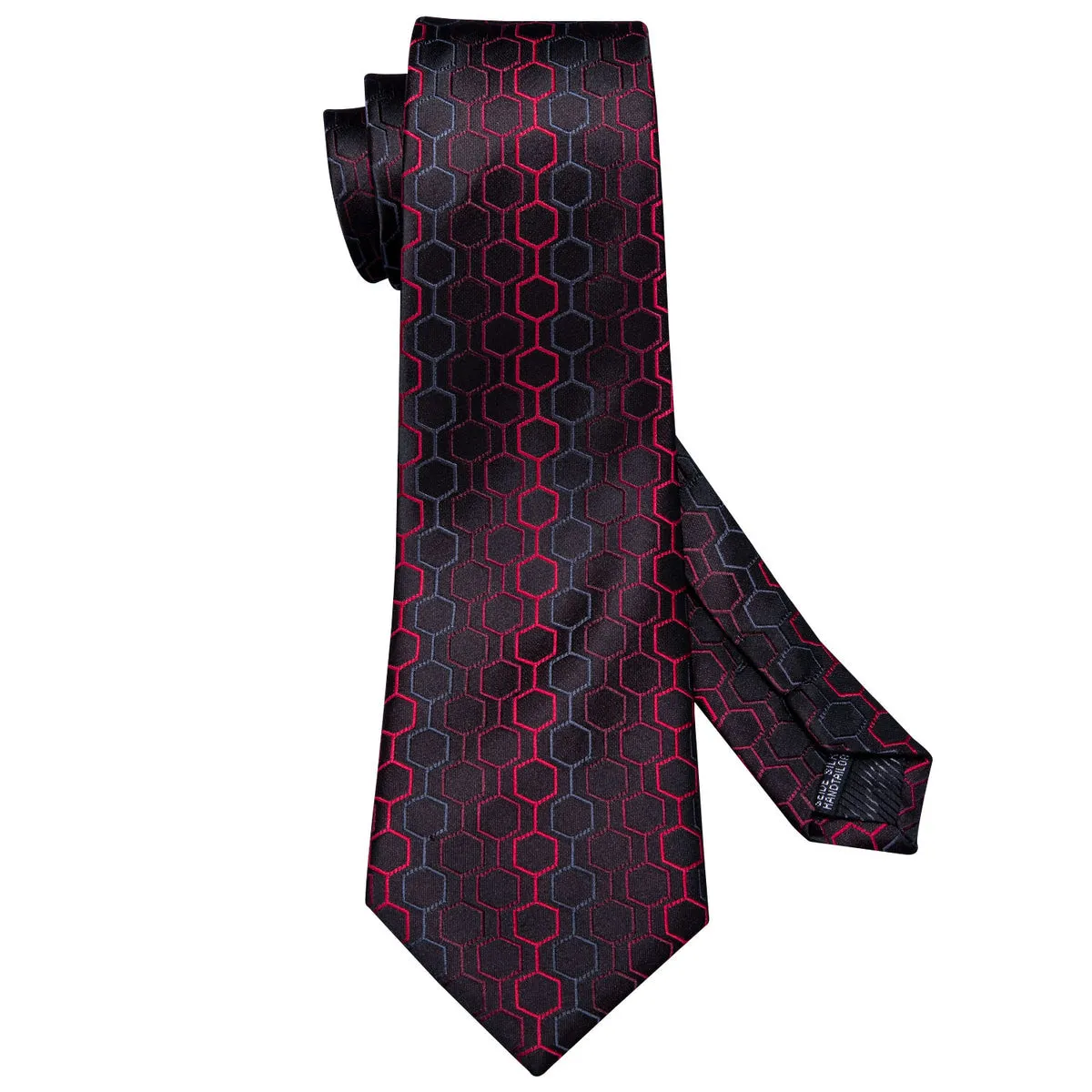 Bold Black and Red Geometric Plaid Silk Tie Set with Pocket Square and Cufflinks