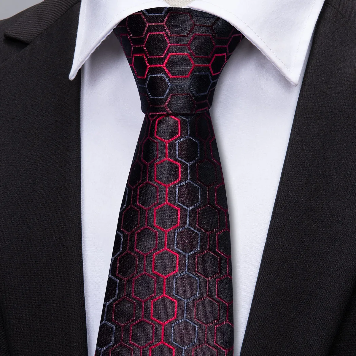 Bold Black and Red Geometric Plaid Silk Tie Set with Pocket Square and Cufflinks