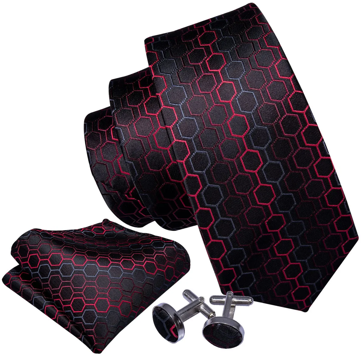 Bold Black and Red Geometric Plaid Silk Tie Set with Pocket Square and Cufflinks