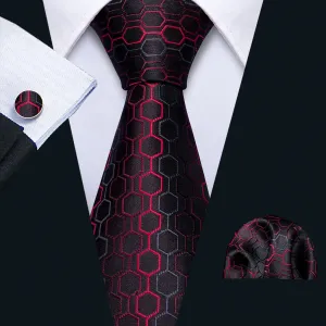 Bold Black and Red Geometric Plaid Silk Tie Set with Pocket Square and Cufflinks