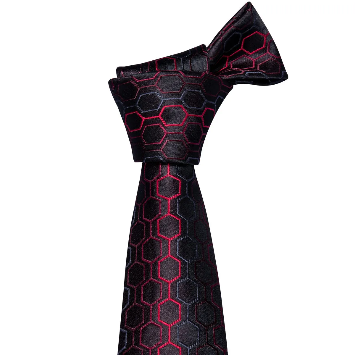 Bold Black and Red Geometric Plaid Silk Tie Set with Pocket Square and Cufflinks