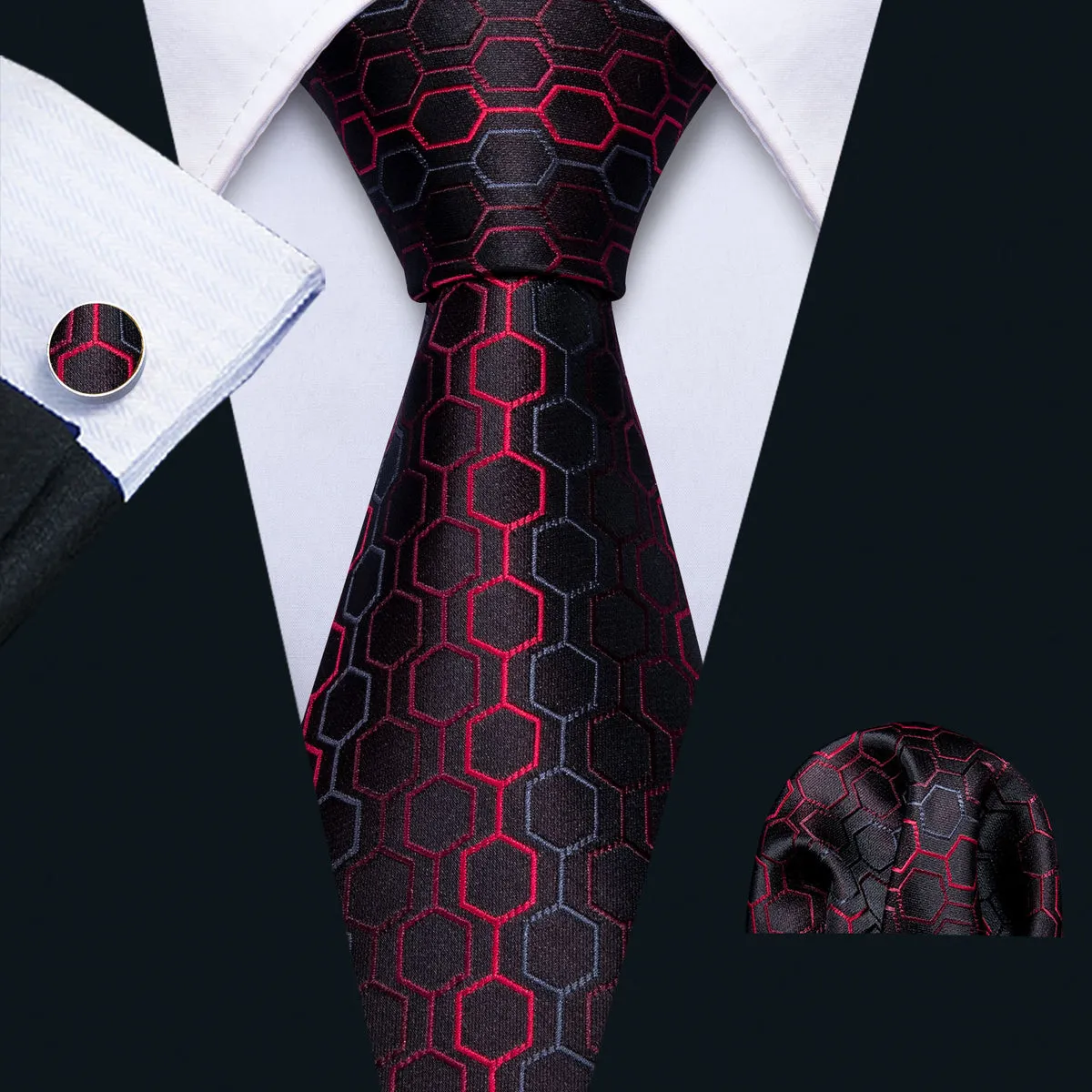 Bold Black and Red Geometric Plaid Silk Tie Set with Pocket Square and Cufflinks
