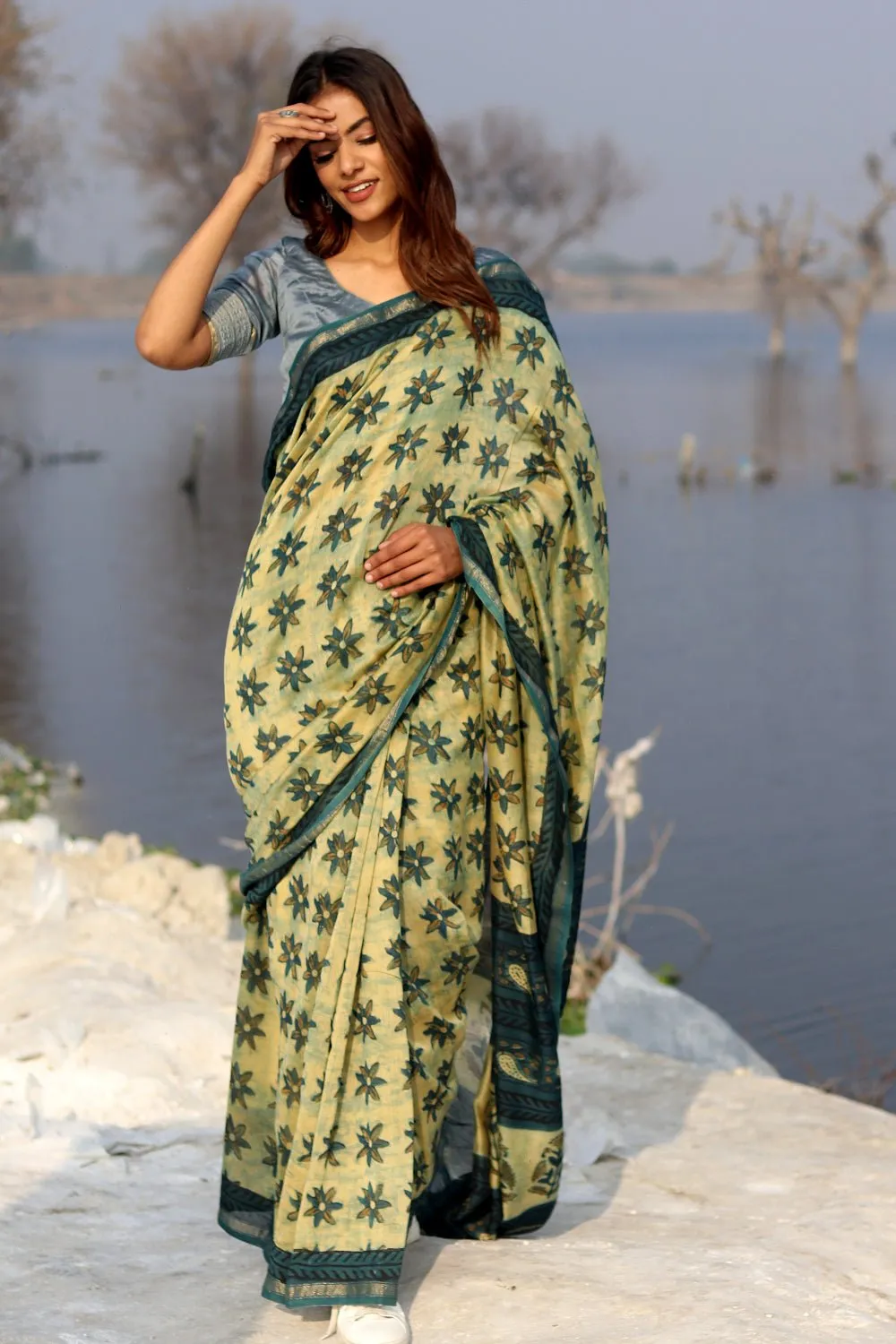 Botanical Bliss Handblock Printed Chanderi Saree