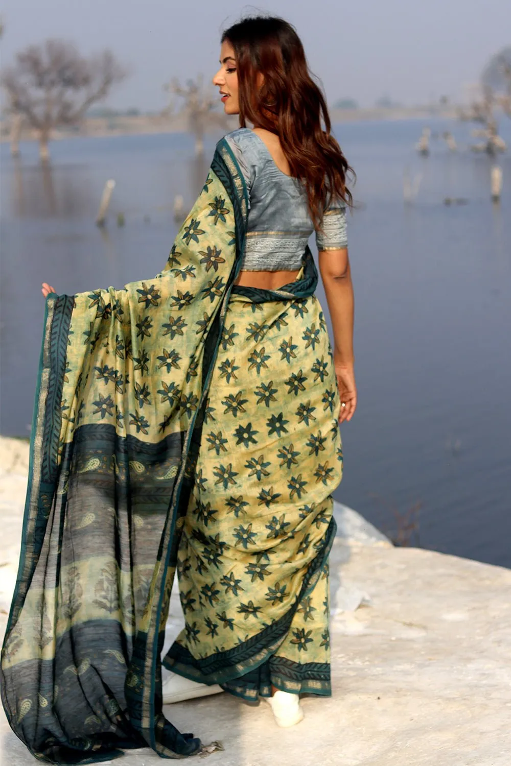 Botanical Bliss Handblock Printed Chanderi Saree
