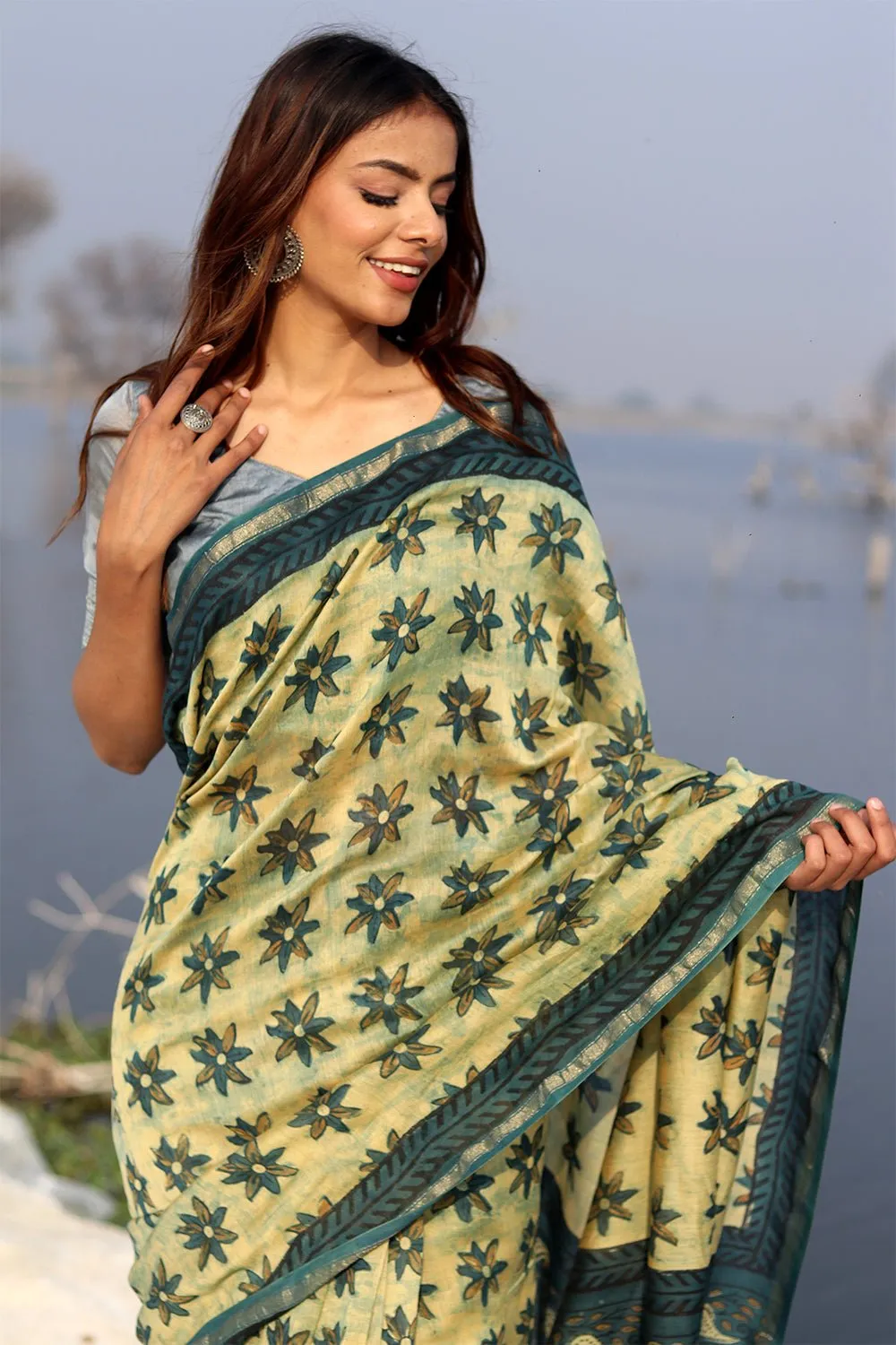 Botanical Bliss Handblock Printed Chanderi Saree