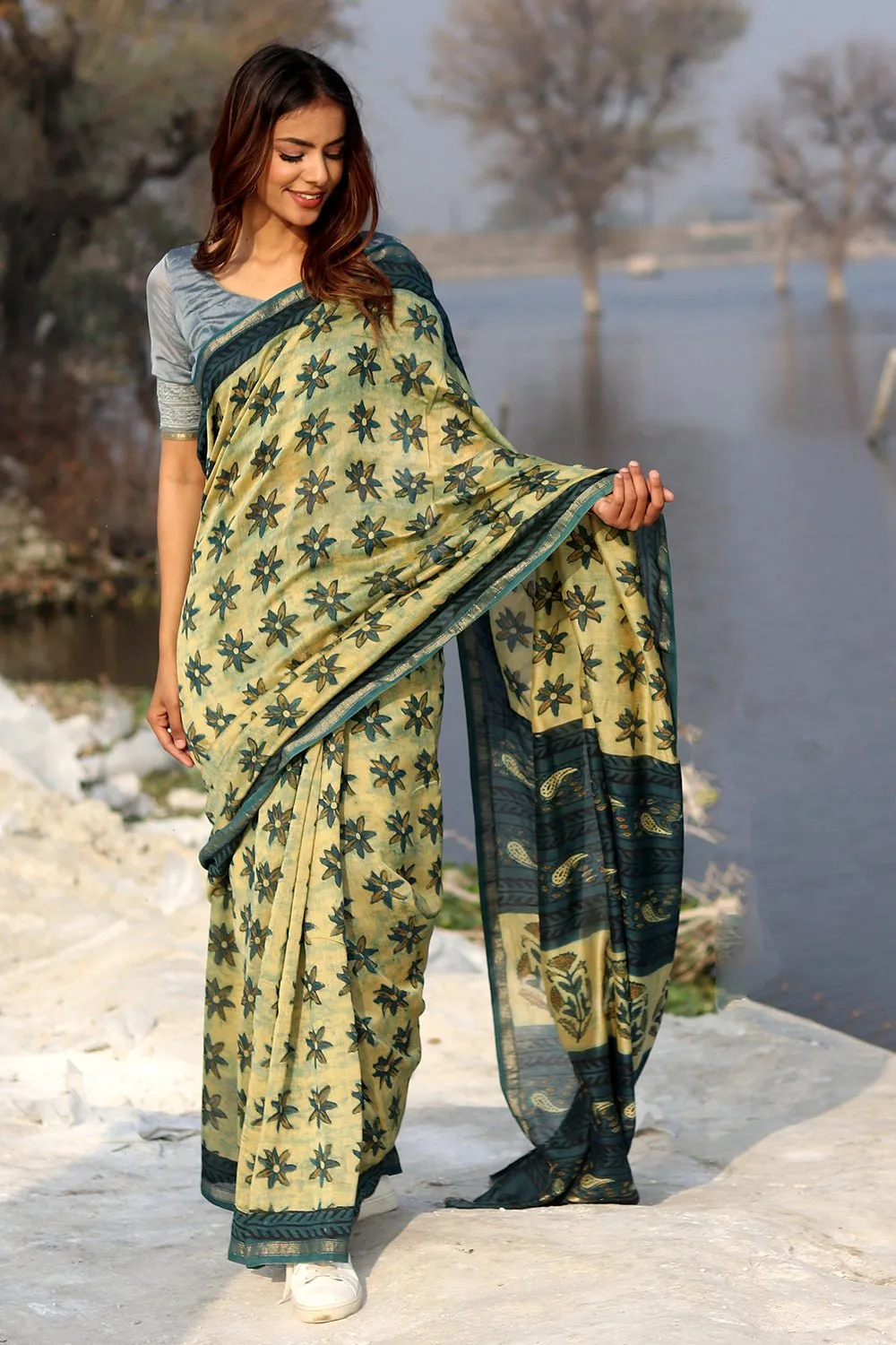 Botanical Bliss Handblock Printed Chanderi Saree