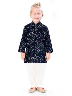 Boys Bandhani Silk Kurta Pyjama in Blue and White