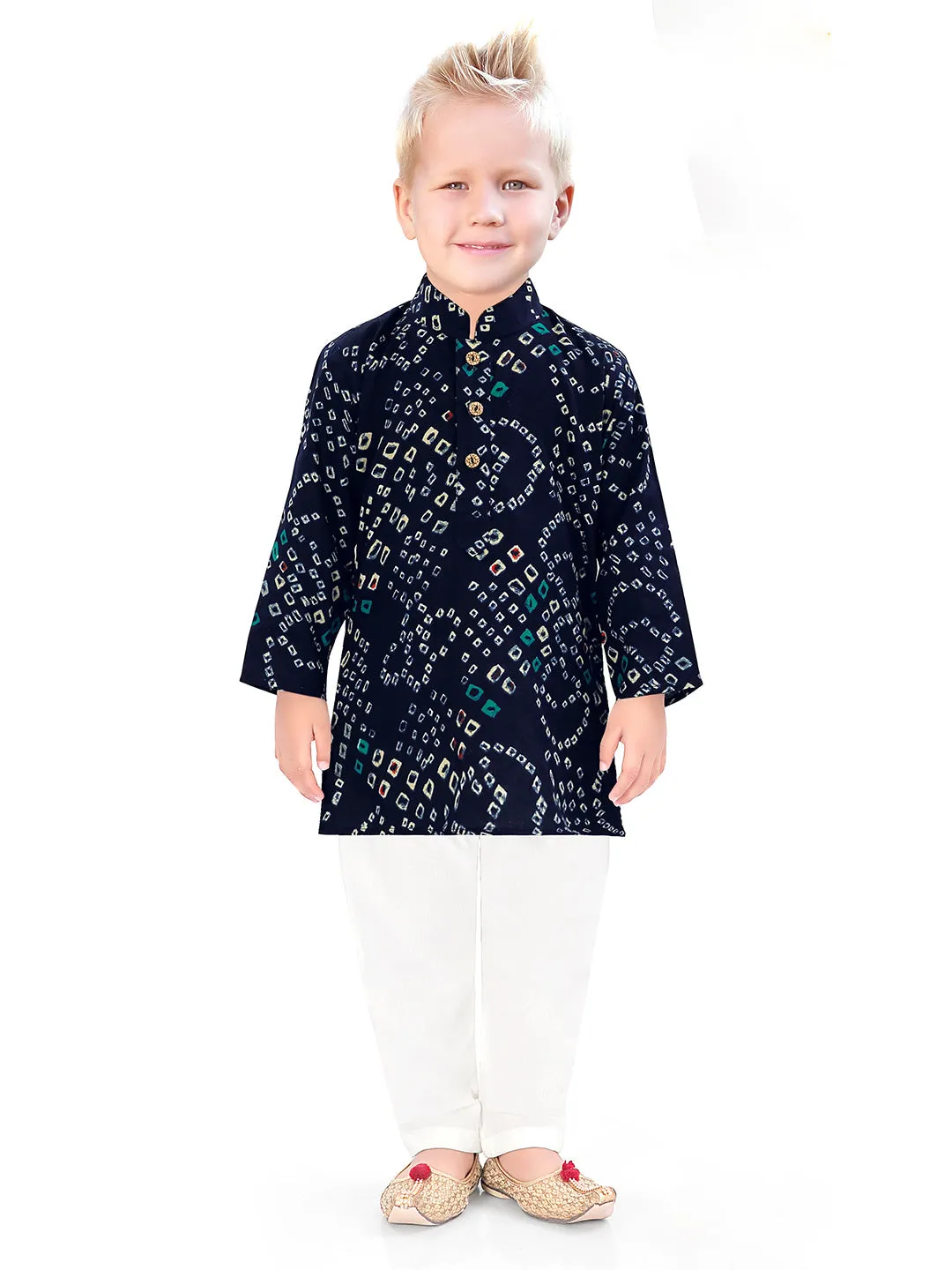 Boys Bandhani Silk Kurta Pyjama in Blue and White