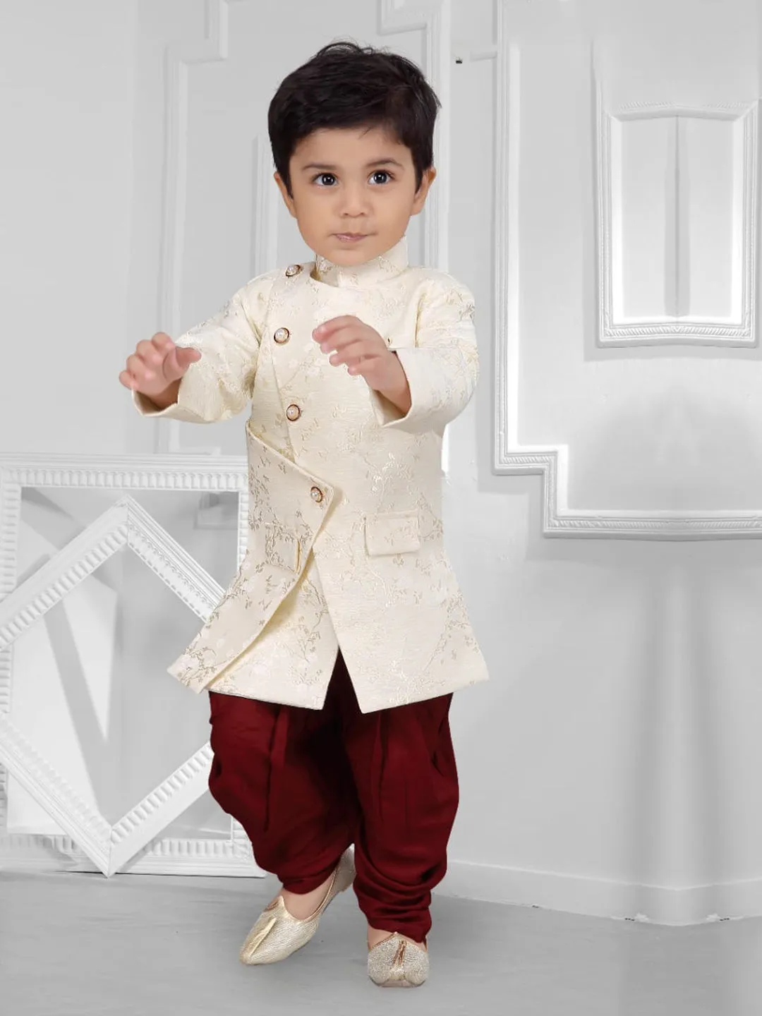Boys Coveted Cream and Maroon Silhouette Sherwani Set