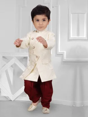 Boys Coveted Cream and Maroon Silhouette Sherwani Set