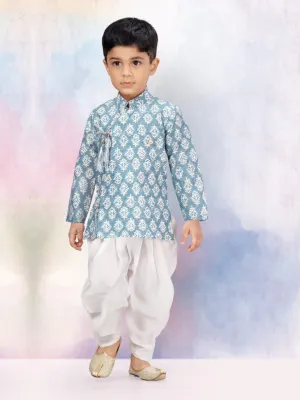 Boys Watercolour Printed Blue Silk Dhoti Set