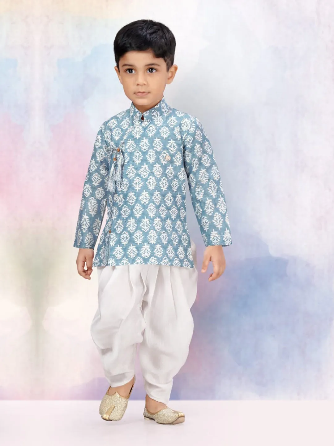 Boys Watercolour Printed Blue Silk Dhoti Set
