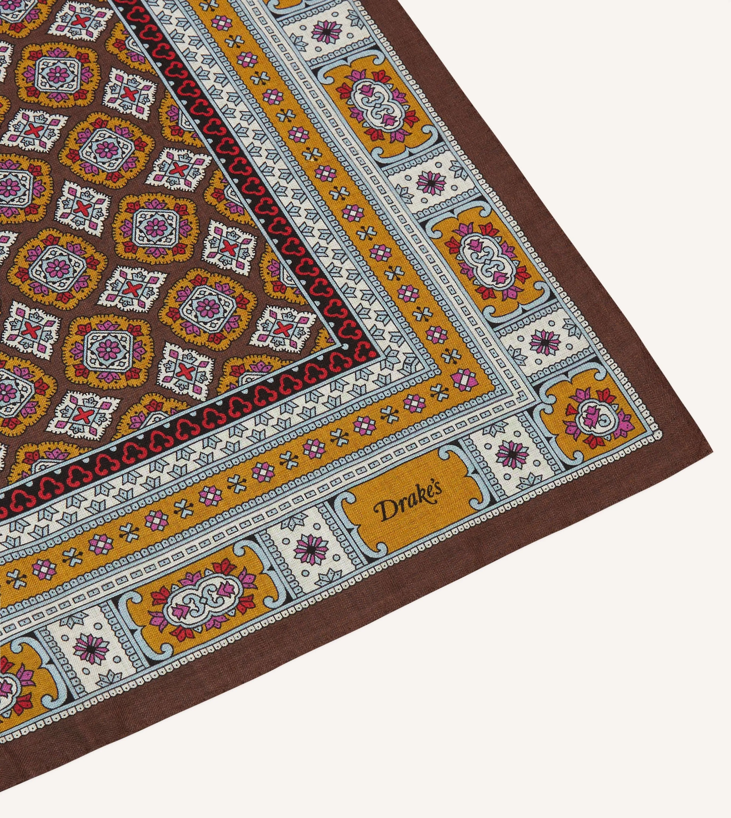 Brown, Blue and Gold Floral Medallion Print Wool-Silk Bandana