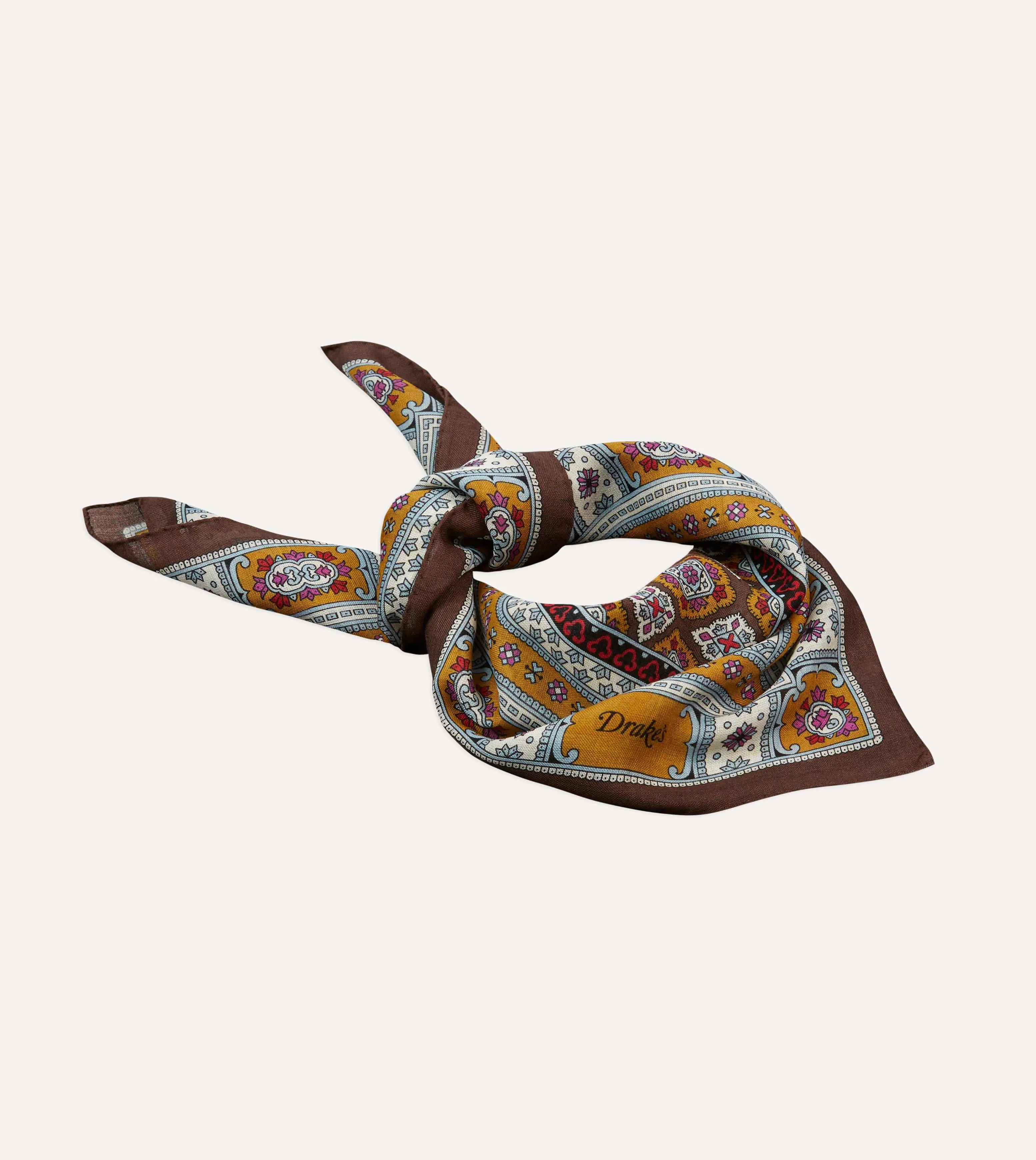 Brown, Blue and Gold Floral Medallion Print Wool-Silk Bandana