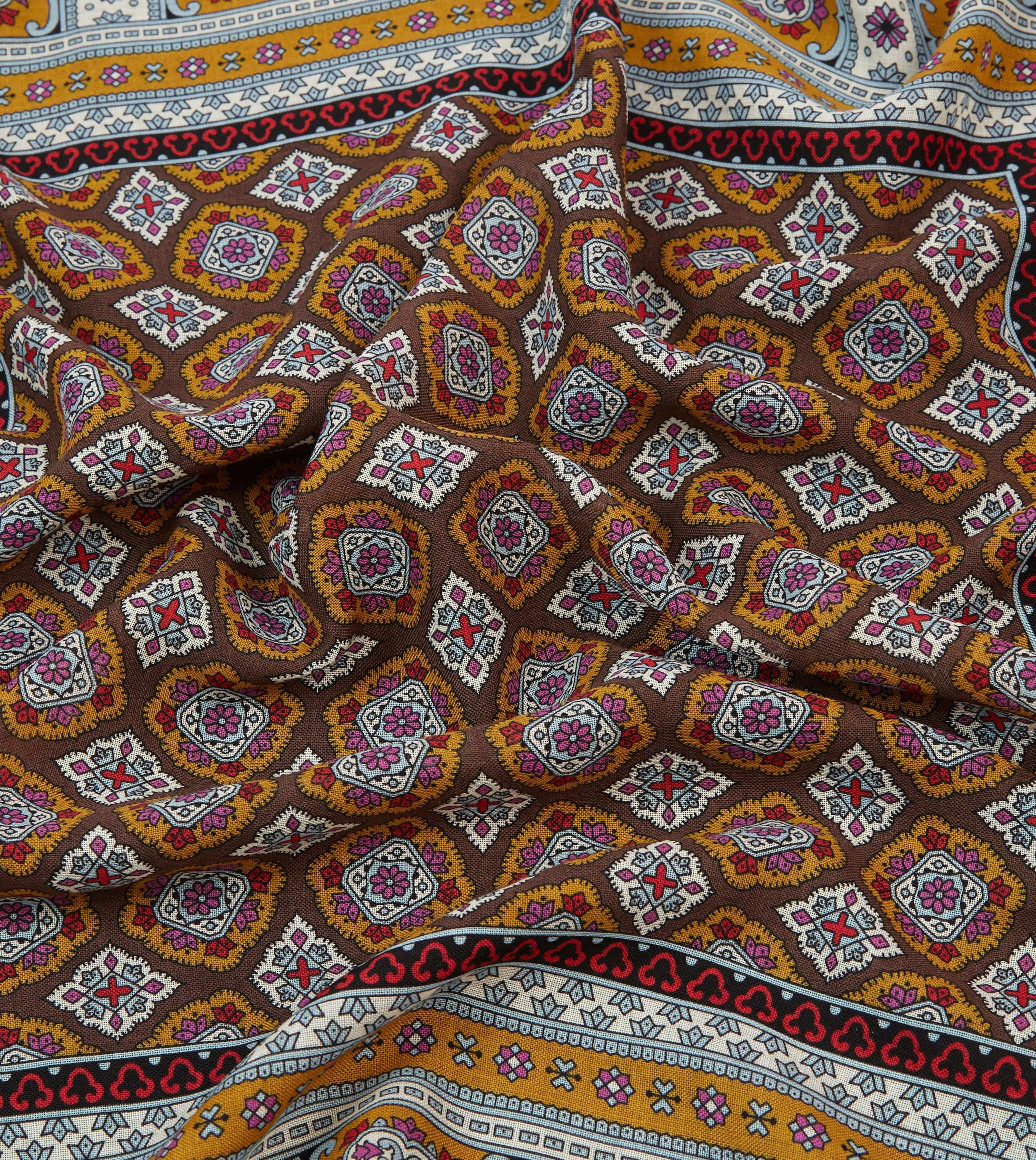 Brown, Blue and Gold Floral Medallion Print Wool-Silk Bandana