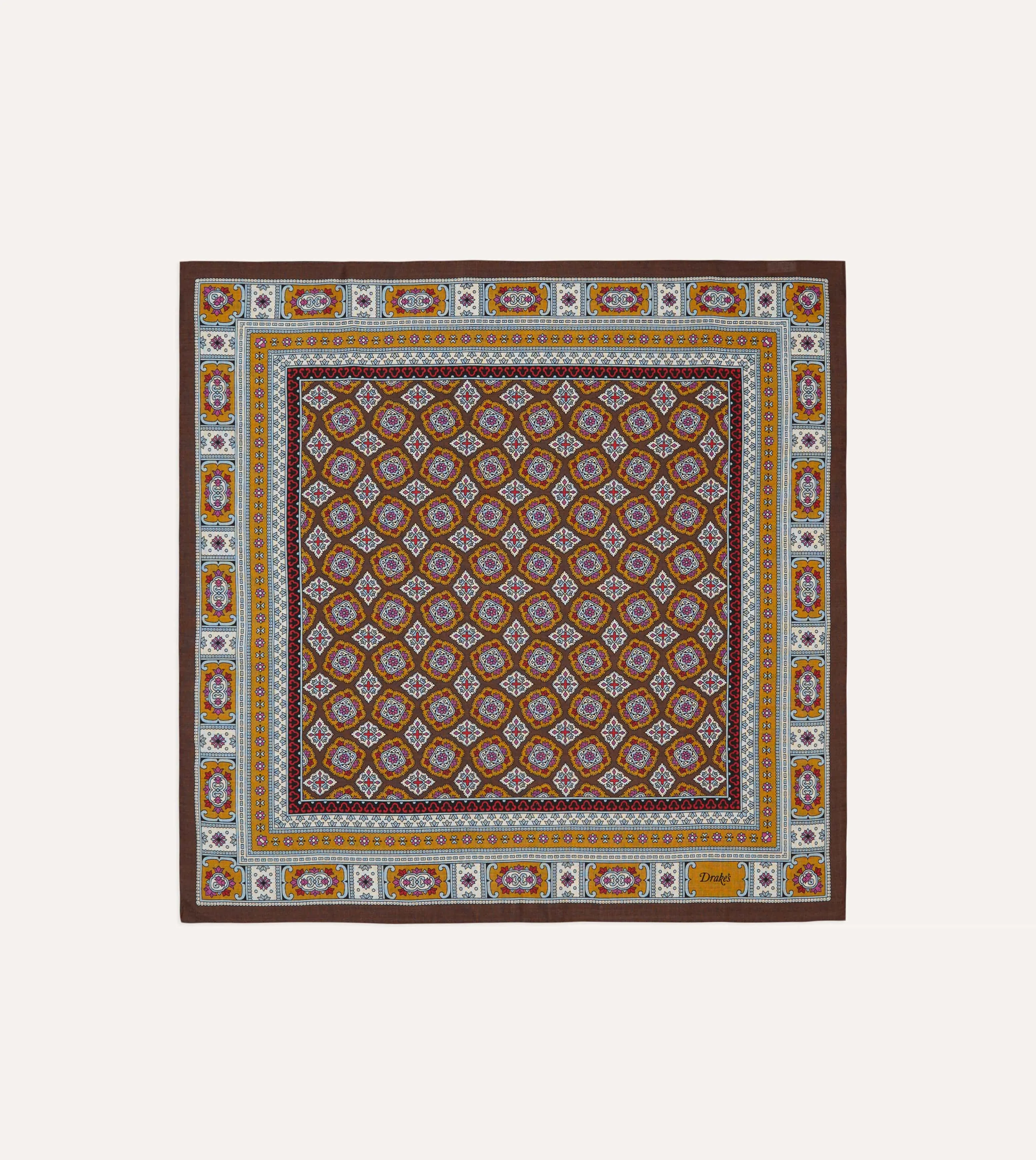 Brown, Blue and Gold Floral Medallion Print Wool-Silk Bandana