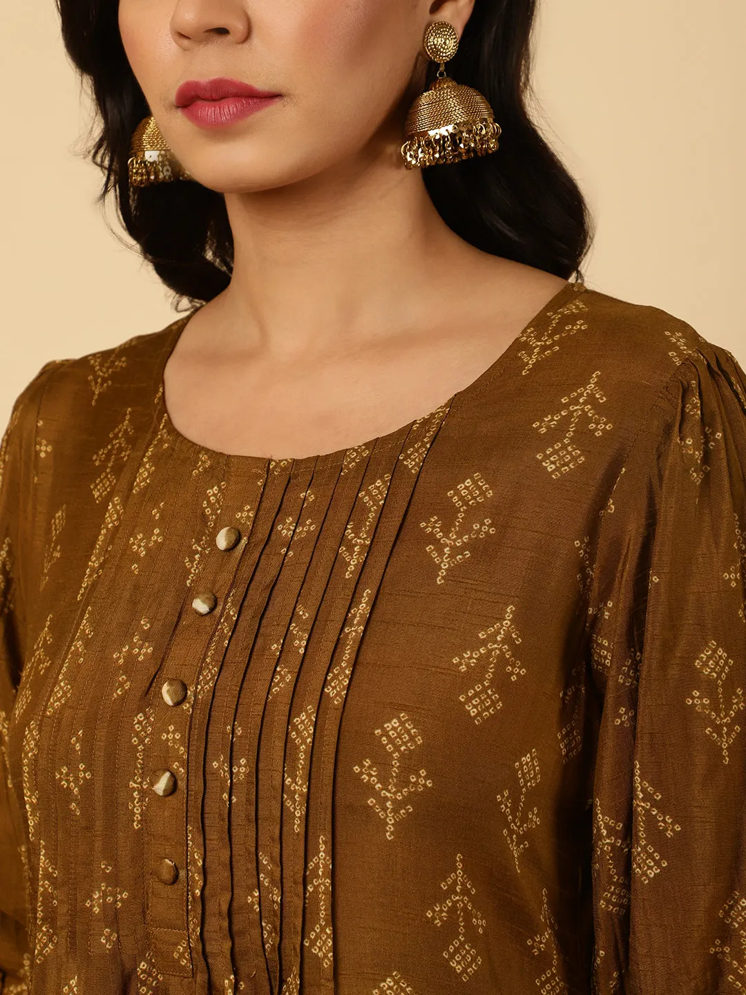 Brown Dola Silk Pleated Bandhani Kurta With Palazzo And Dupatta