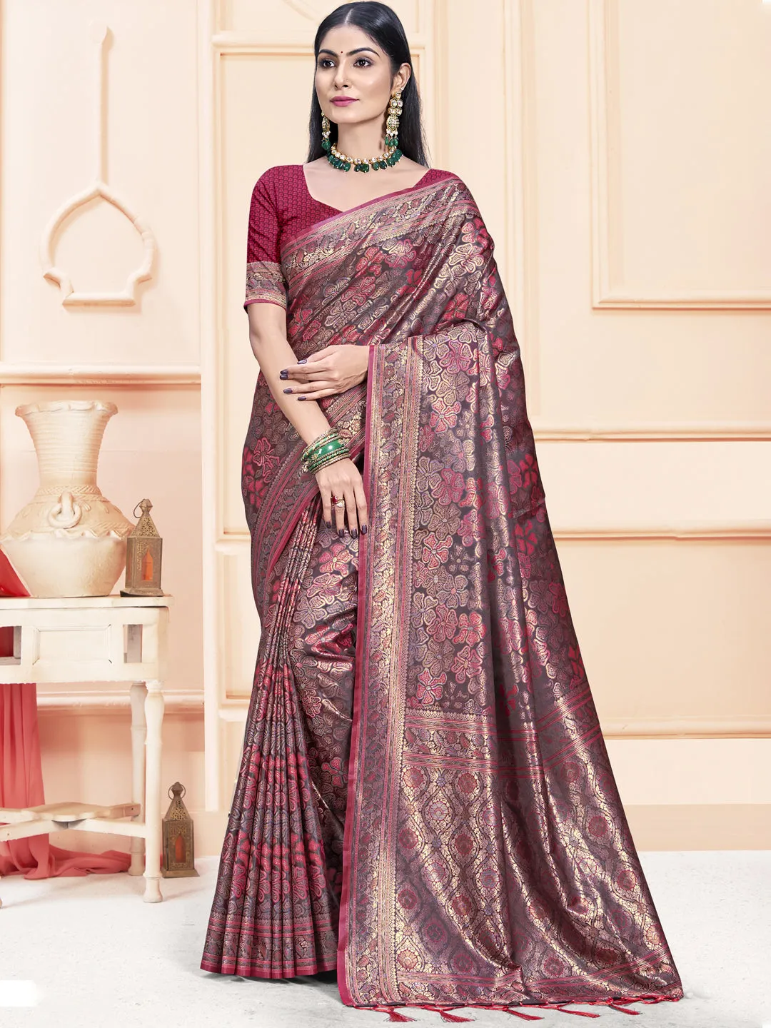 Brown Satin Silk Saree
