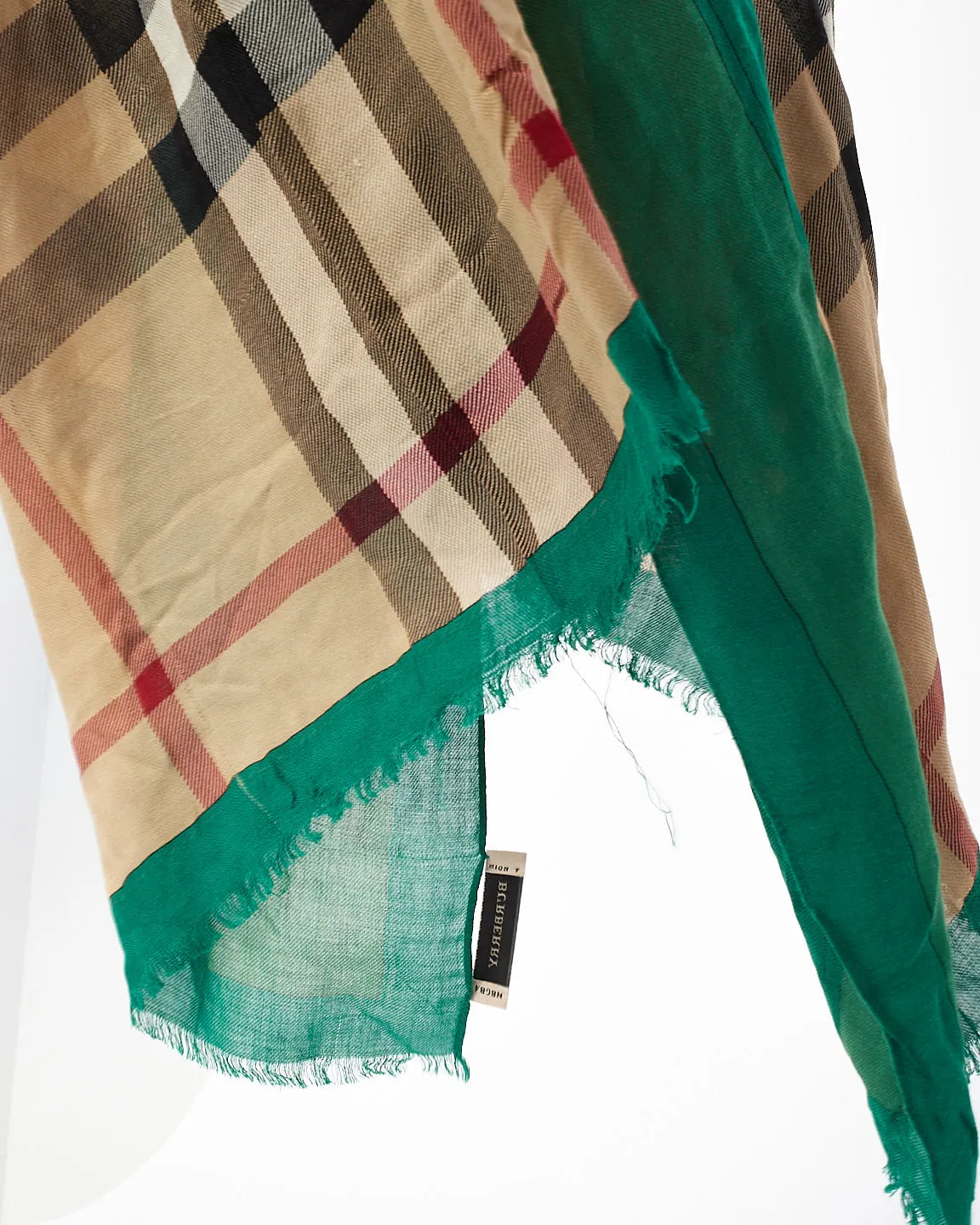 Burberry Beige & Green Check Print Cotton Scarf