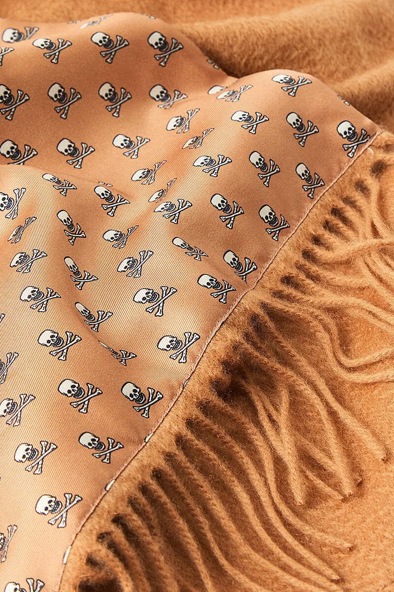 Camel Skull & Crossbones Cashmere Backed Printed Silk Scarf