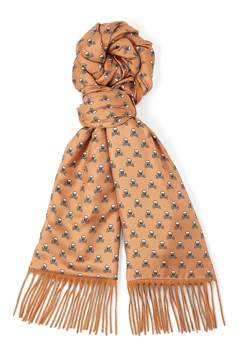Camel Skull & Crossbones Cashmere Backed Printed Silk Scarf
