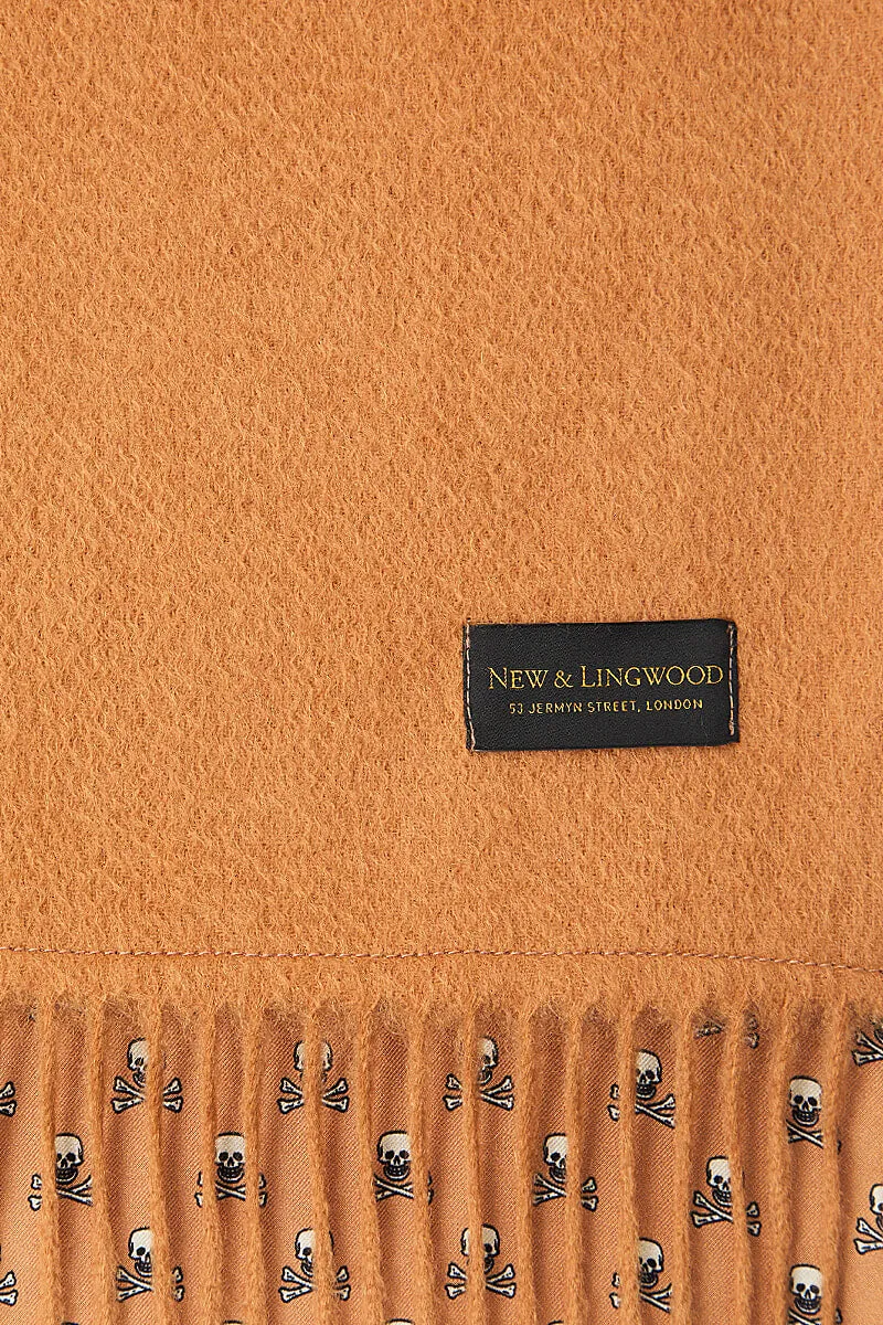 Camel Skull & Crossbones Cashmere Backed Printed Silk Scarf
