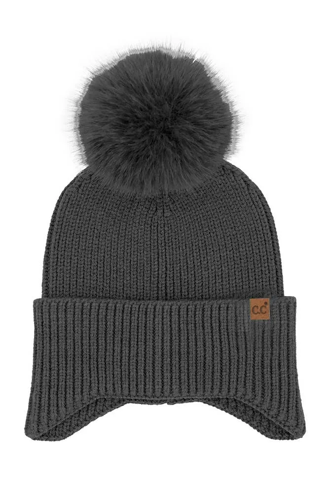 C.C Earflap Pom Knit Solid Beanie Winter Hat: Sage