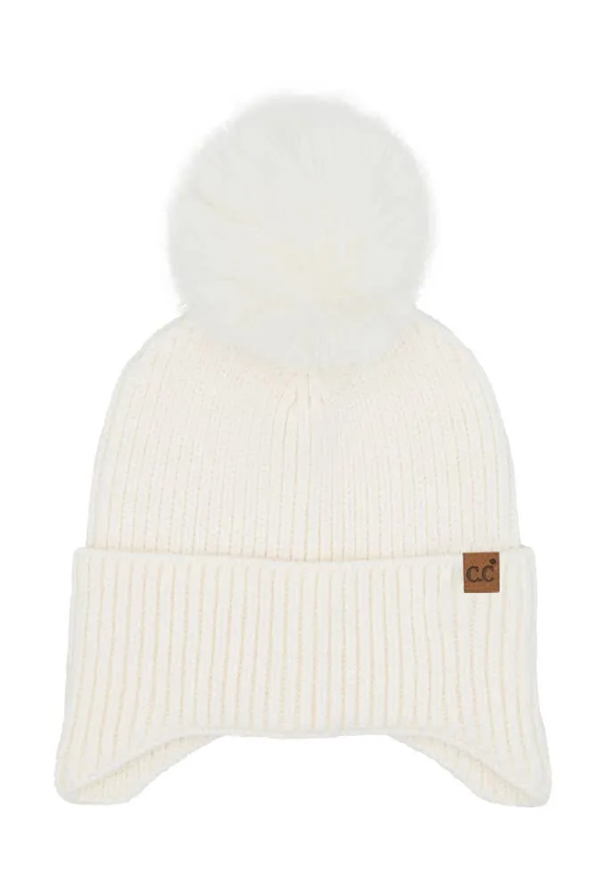 C.C Earflap Pom Knit Solid Beanie Winter Hat: Sage